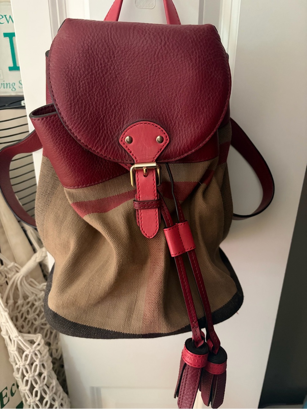 Burberry Red Leather-Trim Canvas Backpack